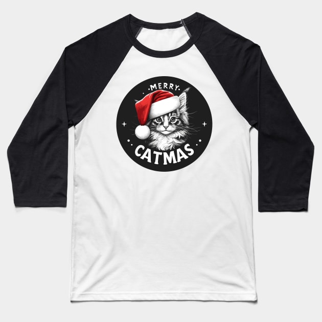 Merry Catmas Maine Coon Christmas Baseball T-Shirt by TomFrontierArt